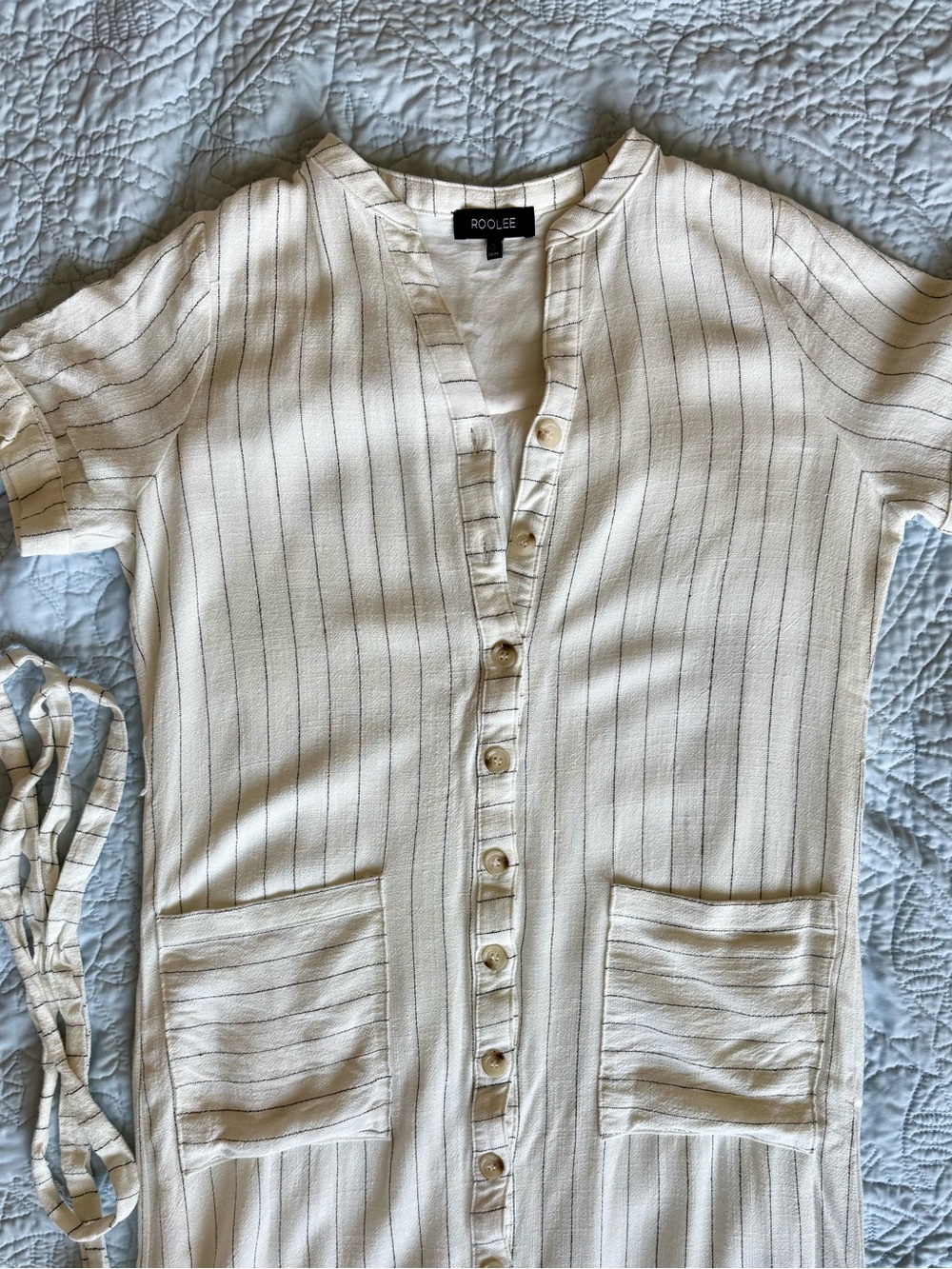 ROOLEE Cream Striped Button-Front Midi Dress